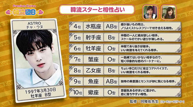 牡羊座・B型のチャ･ウヌと相性が良いのは？